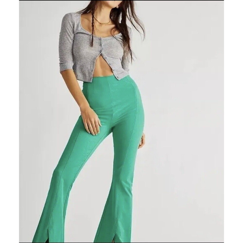 Free People Pants Women Green Real Deal Slit Stretch Boho Retro Size Large New